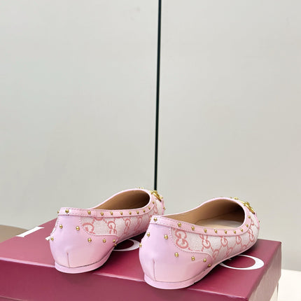 GUCCI 26S STUD BALLET FLATS IN LIGHT PINK CANVAS AND CALFSKIN