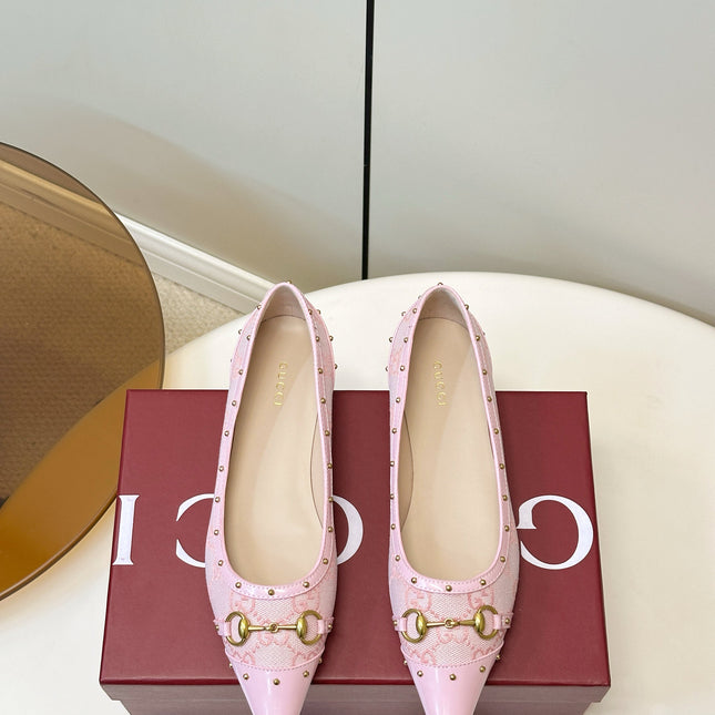 GUCCI 26S STUD BALLET FLATS IN LIGHT PINK CANVAS AND CALFSKIN