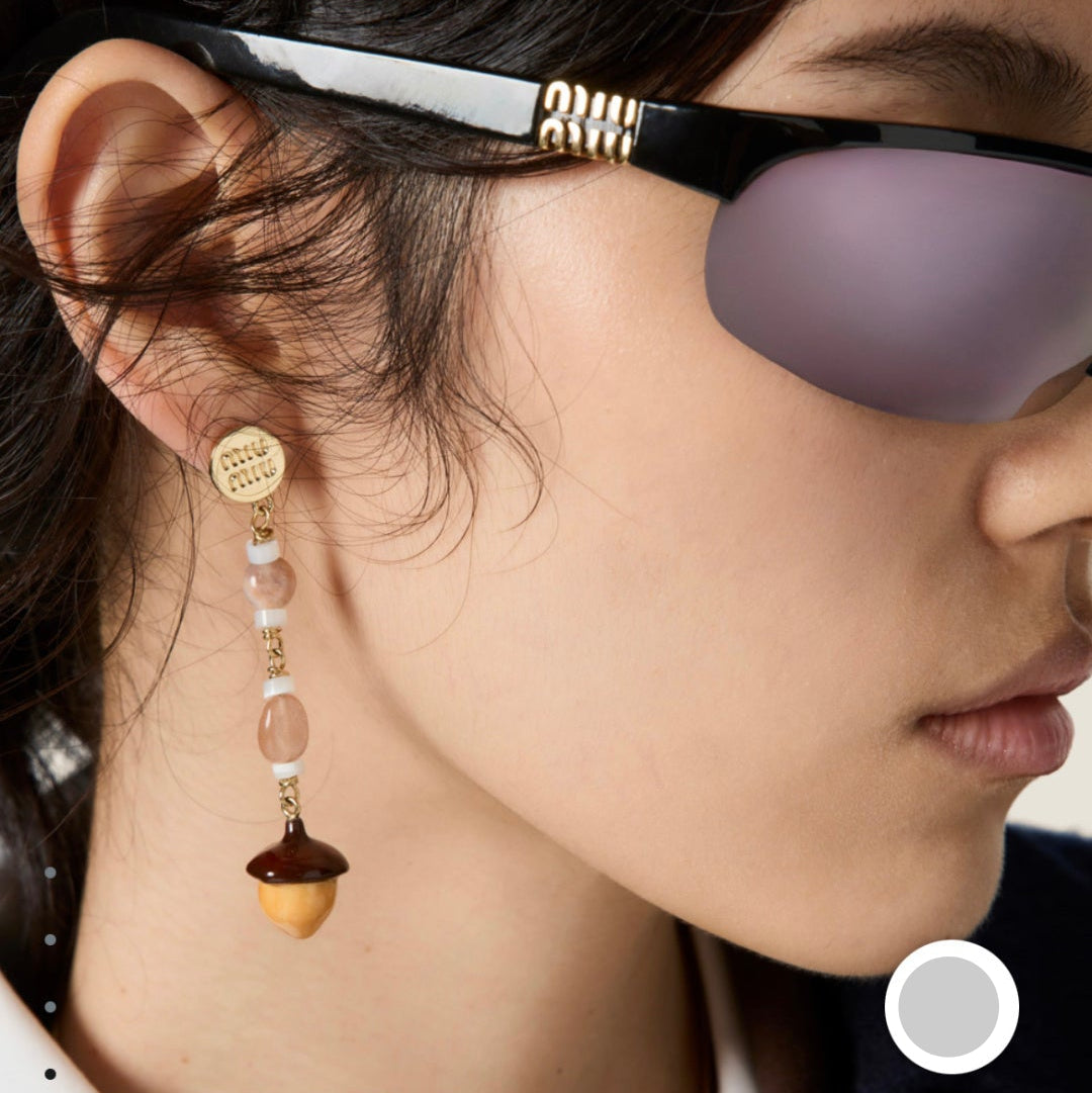 MIUMIU 26S ROSE QUARTZ BEADED ACORN DROP EARRINGS IN GOLD TONE METAL 614244
