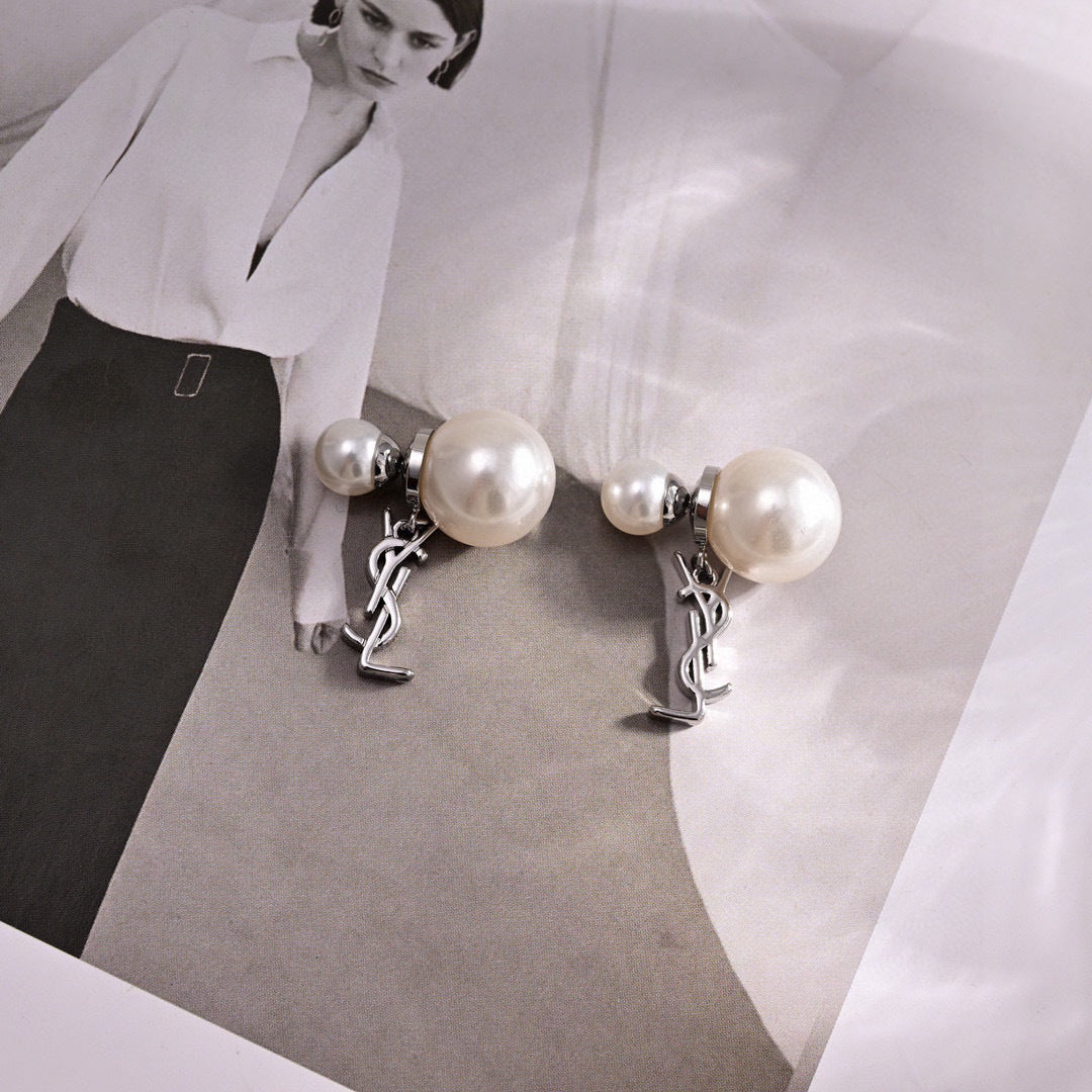 YSL 26S PEARL DOUBLE BALL DROP MONOGRAM EARRINGS IN SILVER TONE METAL 615838