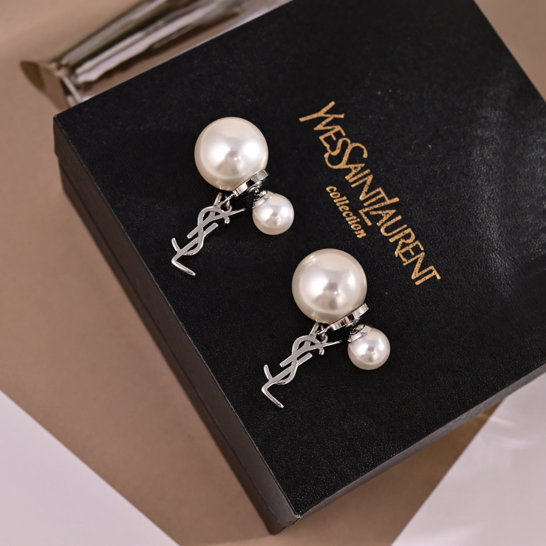 YSL 26S PEARL DOUBLE BALL DROP MONOGRAM EARRINGS IN SILVER TONE METAL 615838