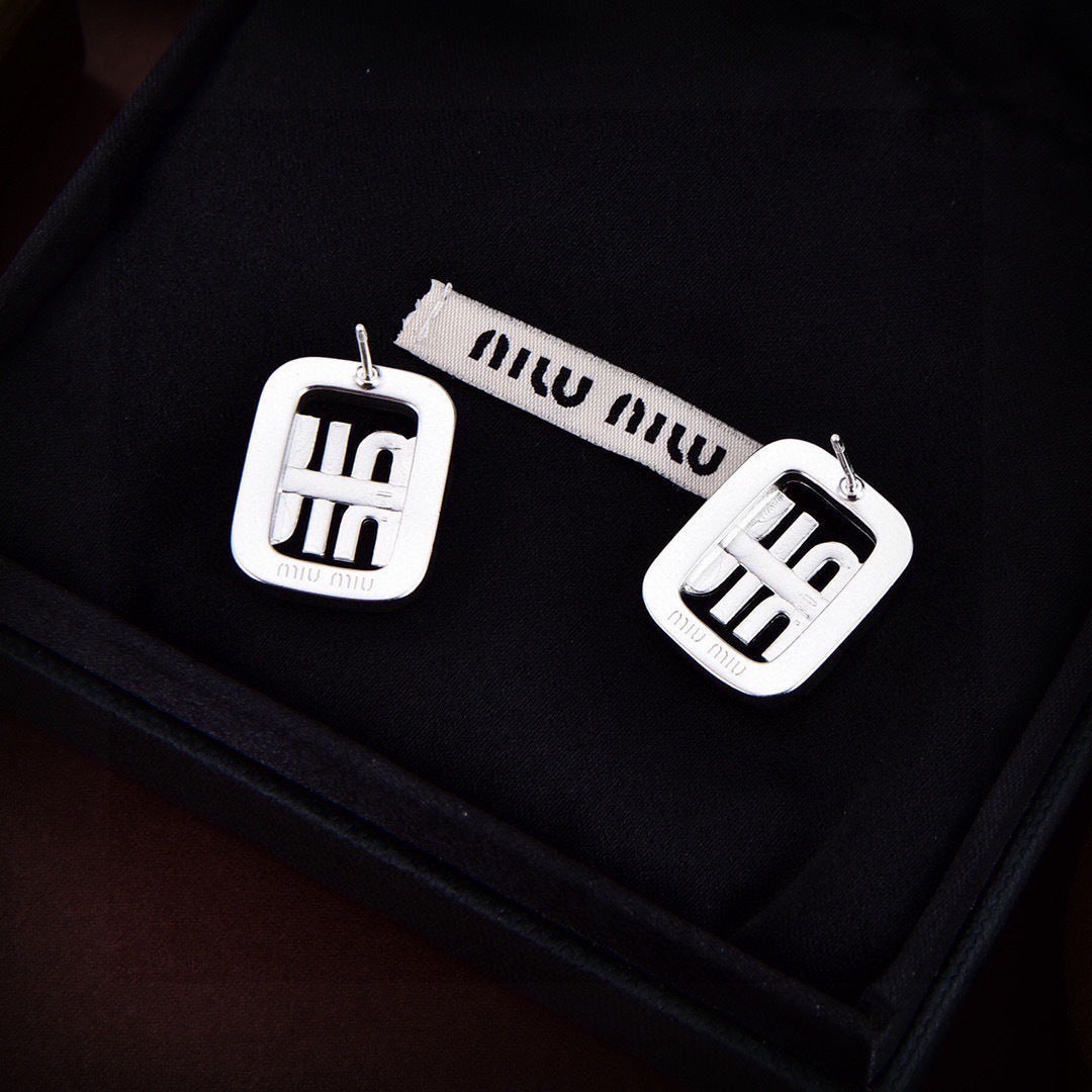 MIUMIU 26S DOUBLE LOGO WHITE ENAMEL STUD EARRINGS IN SILVER TONE METAL 619138