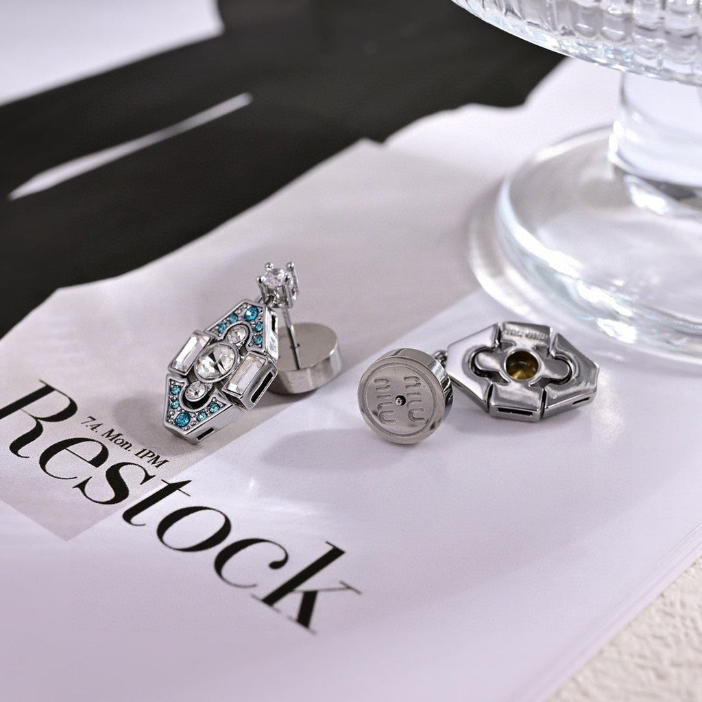MIUMIU 26S GEOMETRIC CRYSTAL EMBELLISHED DROP EARRINGS IN SILVER TONE METAL 619178