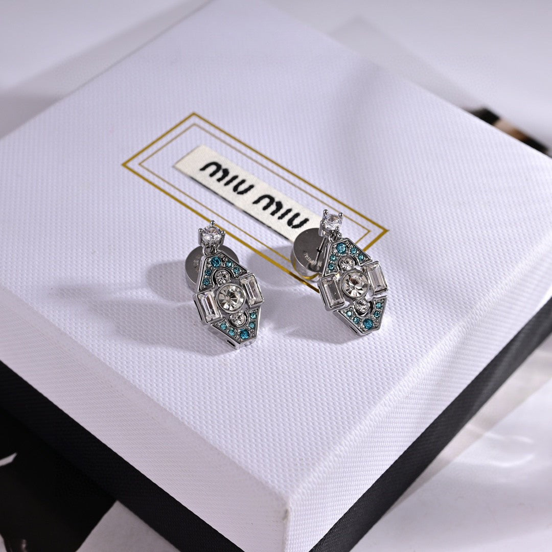 MIUMIU 26S GEOMETRIC CRYSTAL EMBELLISHED DROP EARRINGS IN SILVER TONE METAL 619178