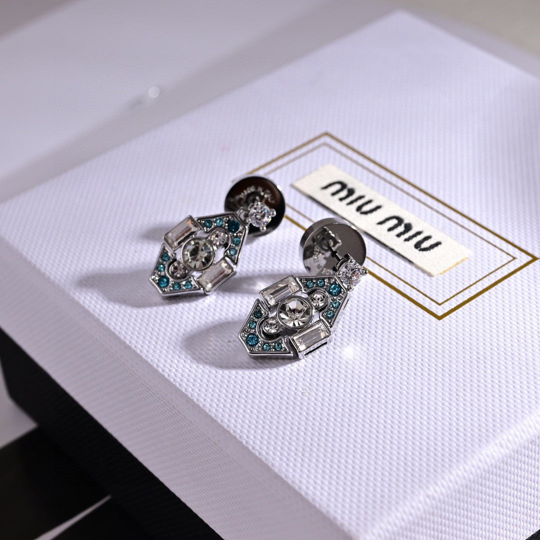 MIUMIU 26S GEOMETRIC CRYSTAL EMBELLISHED DROP EARRINGS IN SILVER TONE METAL 619178