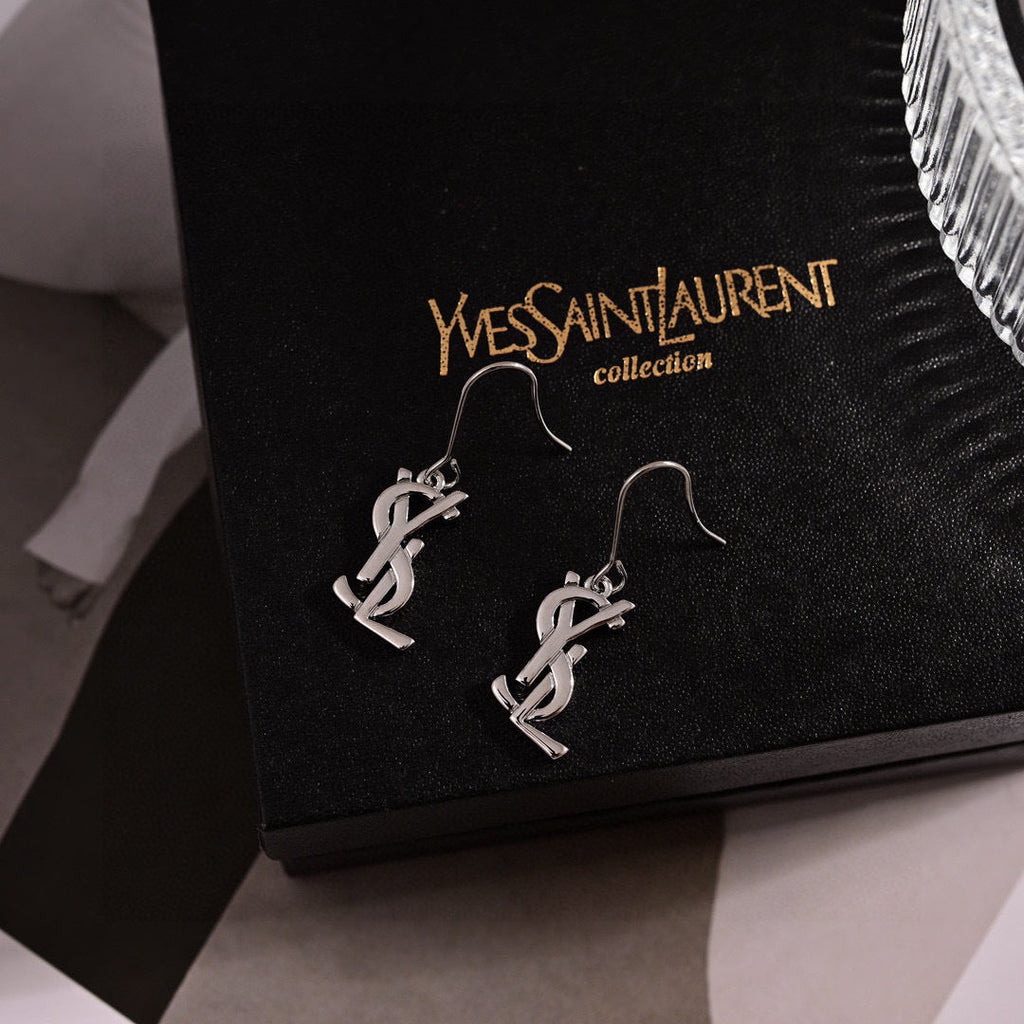 YSL 26S LOGO DROP HOOK EARRINGS IN SILVER TONE METAL 621527