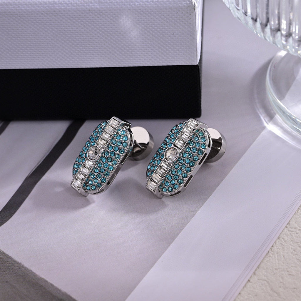 MIUMIU 26S CRYSTAL OVAL STUD EARRINGS IN TURQUOISE AND CLEAR STONES IN SILVER TONE METAL 626875