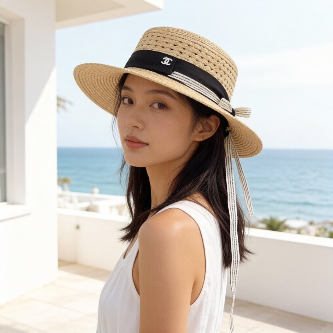 CHANEL 26S FLAT-BRIM STRAW HAT 338061