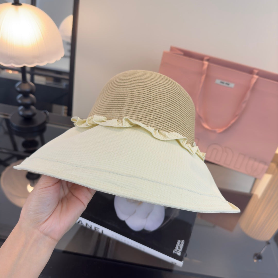 MIUMIU 26S STRAW HAT WITH RUFFLED FABRIC BRIM 340410