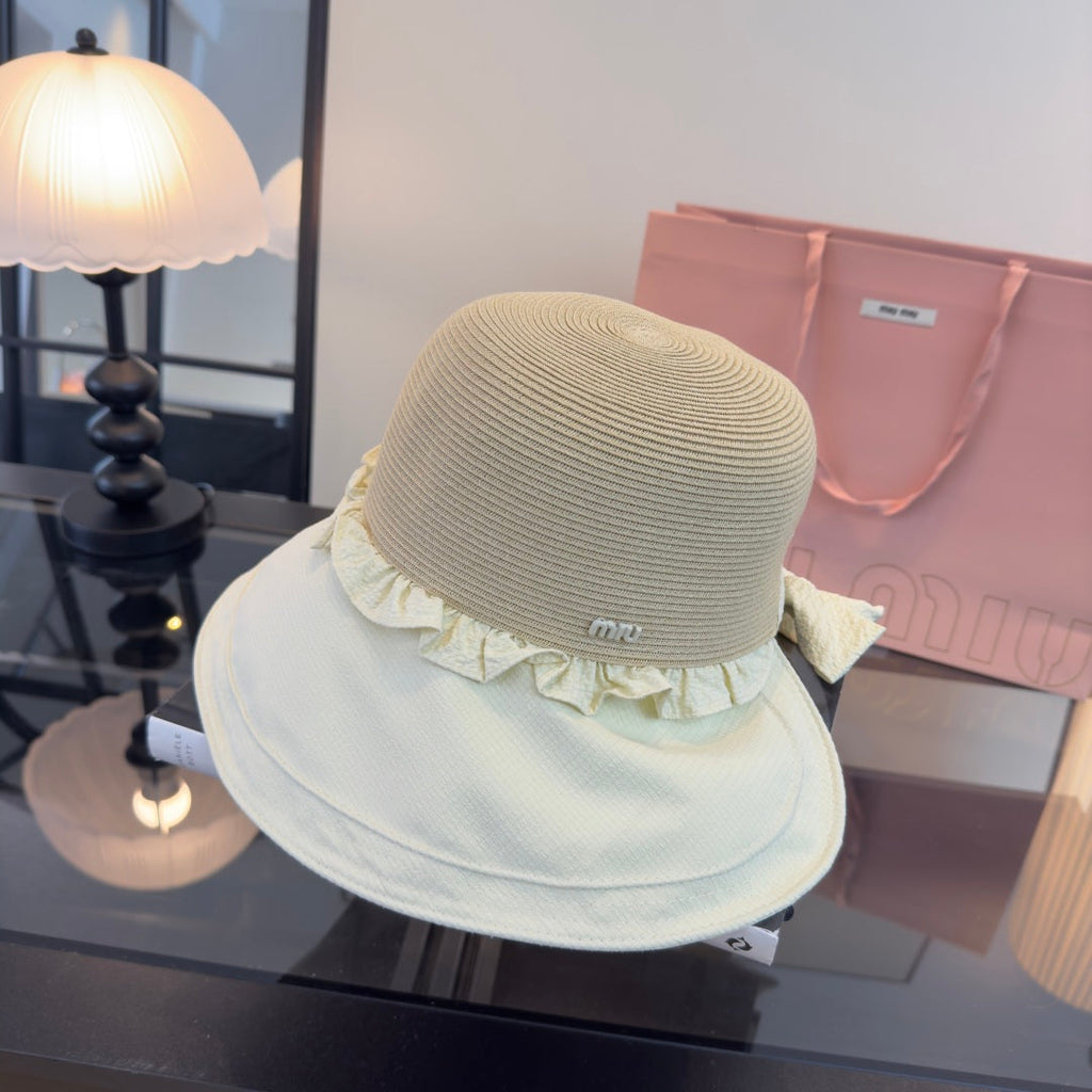 MIUMIU 26S STRAW HAT WITH RUFFLED FABRIC BRIM 340410