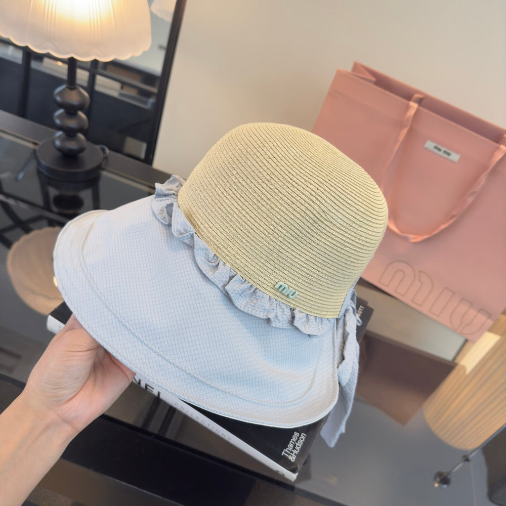 MIUMIU 26S STRAW HAT WITH RUFFLED FABRIC BRIM 340411