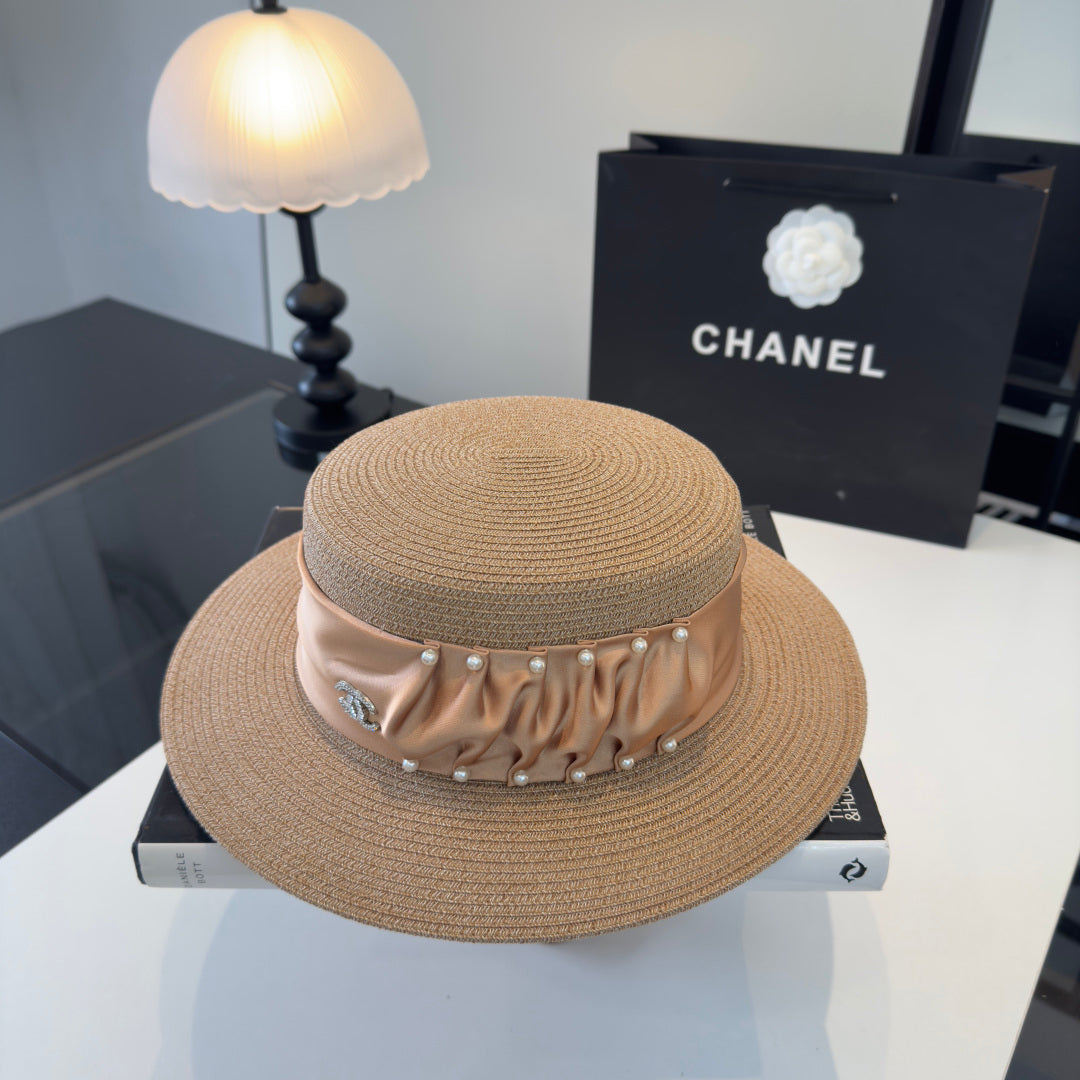 CHANEL 26S RIBBON-EMBELLISHED STRAW BOATER HAT 335892