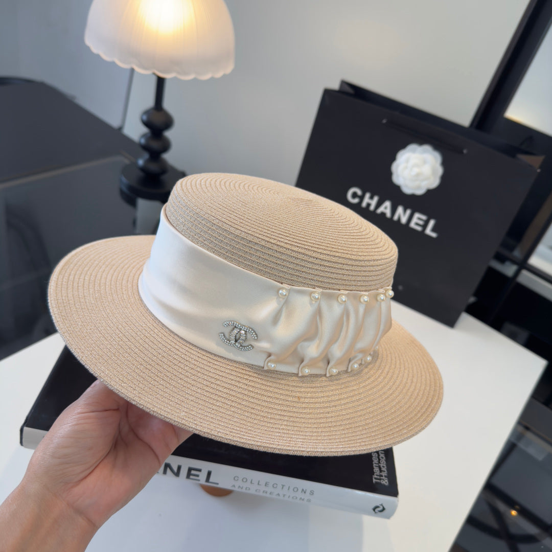CHANEL 26S RIBBON-EMBELLISHED STRAW BOATER HAT 335893