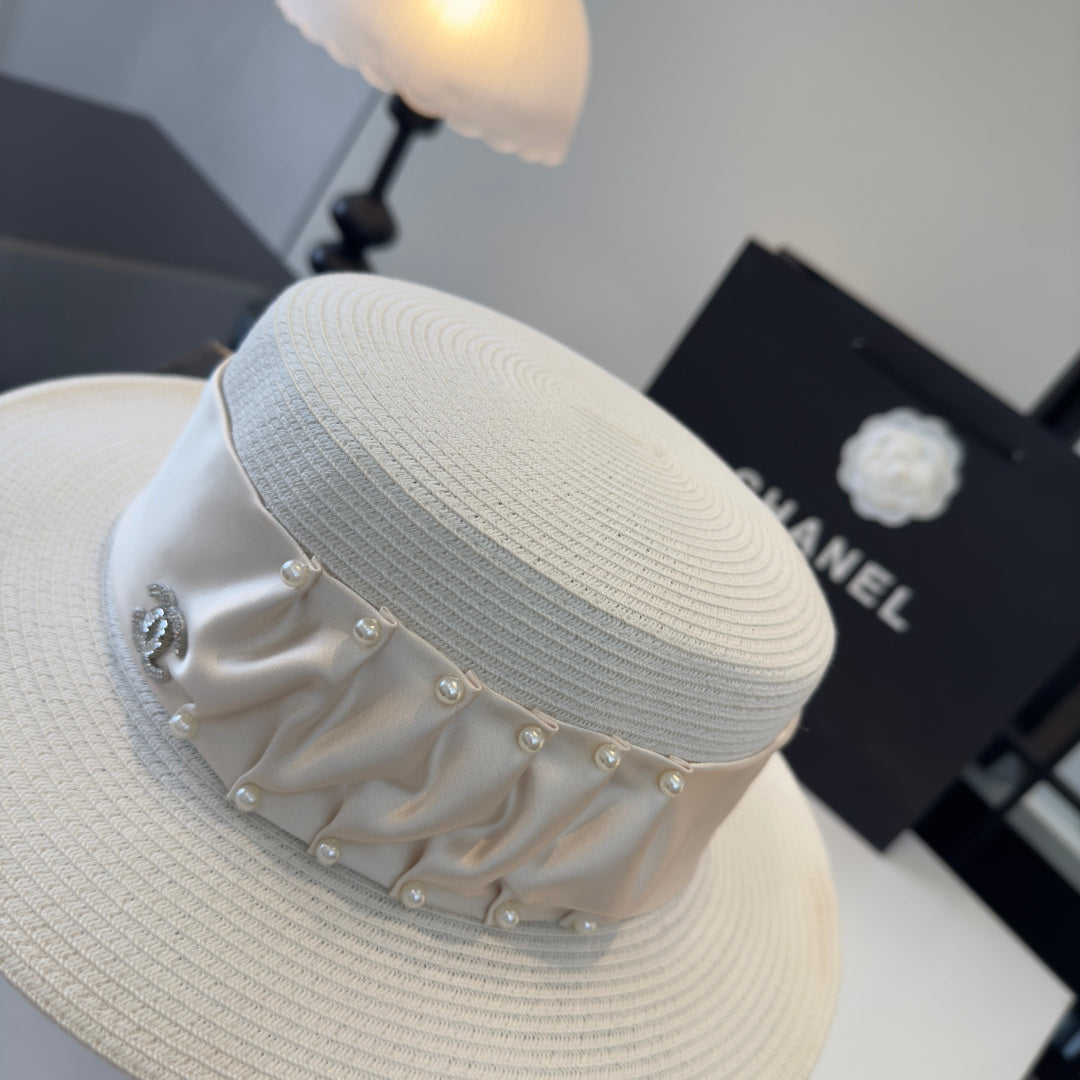 CHANEL 26S RIBBON-EMBELLISHED STRAW BOATER HAT 335894