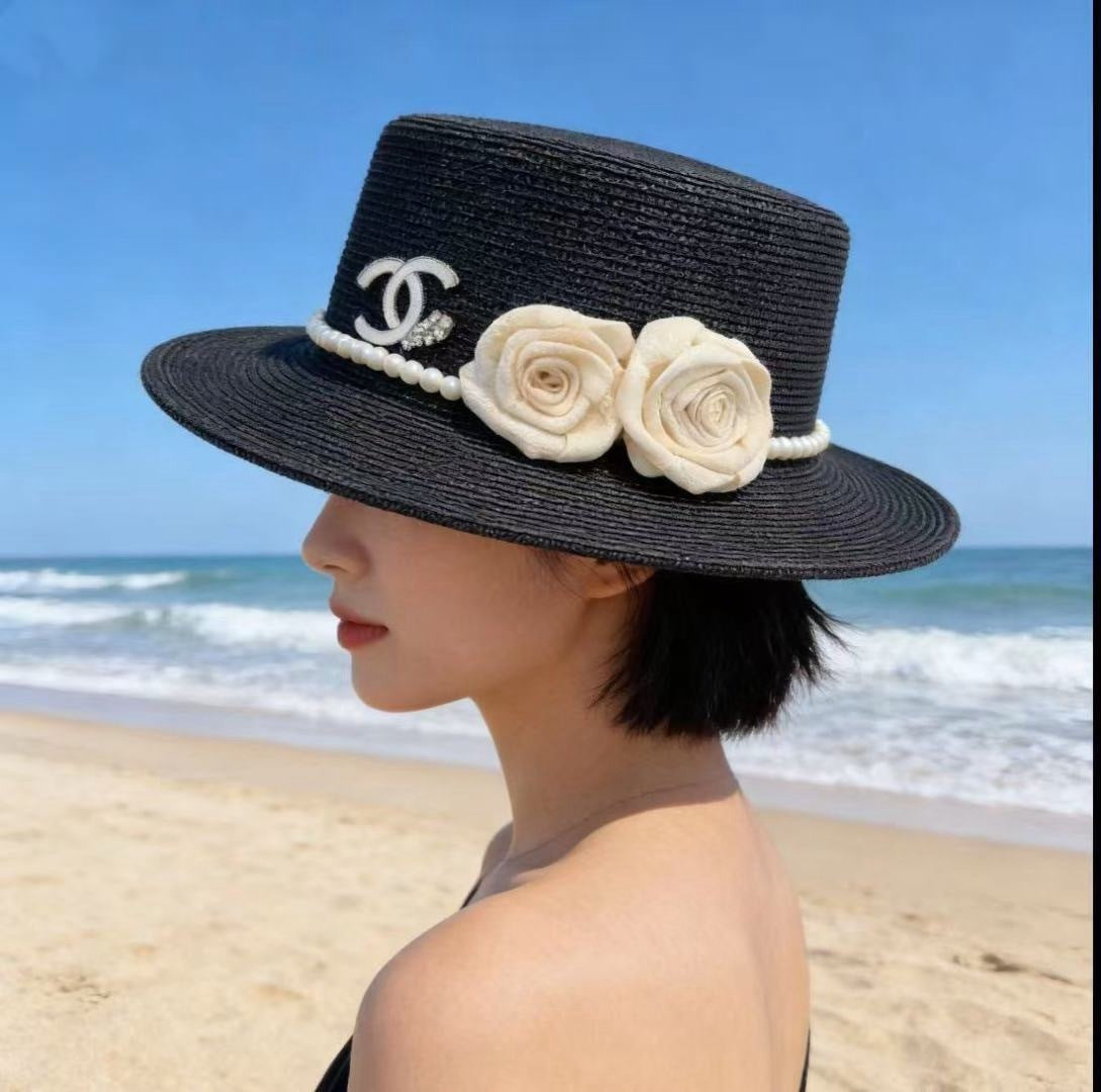 CHANEL 26S BOATER HAT FLORAL EMBELLISHMENT 338037