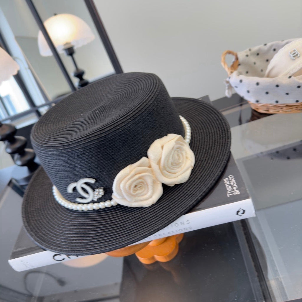 CHANEL 26S BOATER HAT FLORAL EMBELLISHMENT 338037