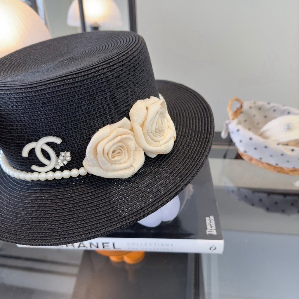 CHANEL 26S BOATER HAT FLORAL EMBELLISHMENT 338037