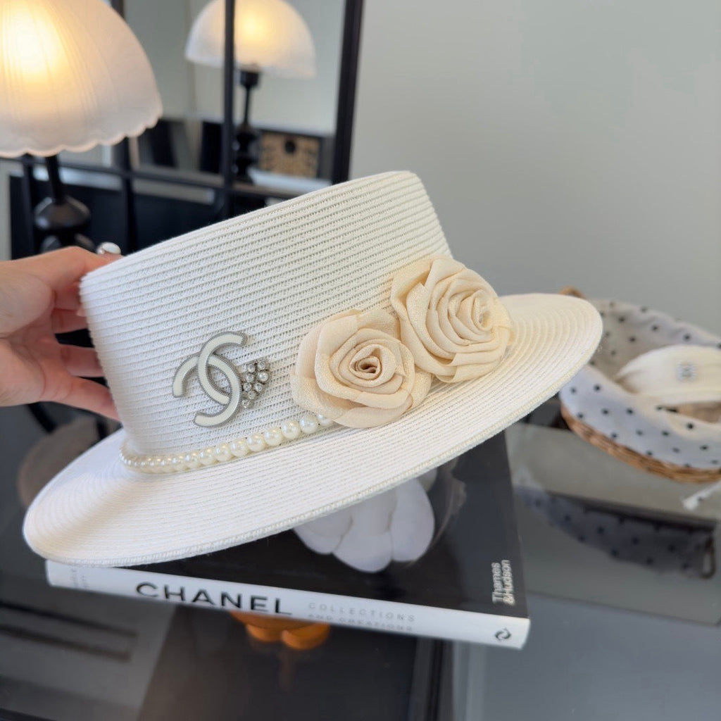 CHANEL 26S BOATER HAT FLORAL EMBELLISHMENT 338038
