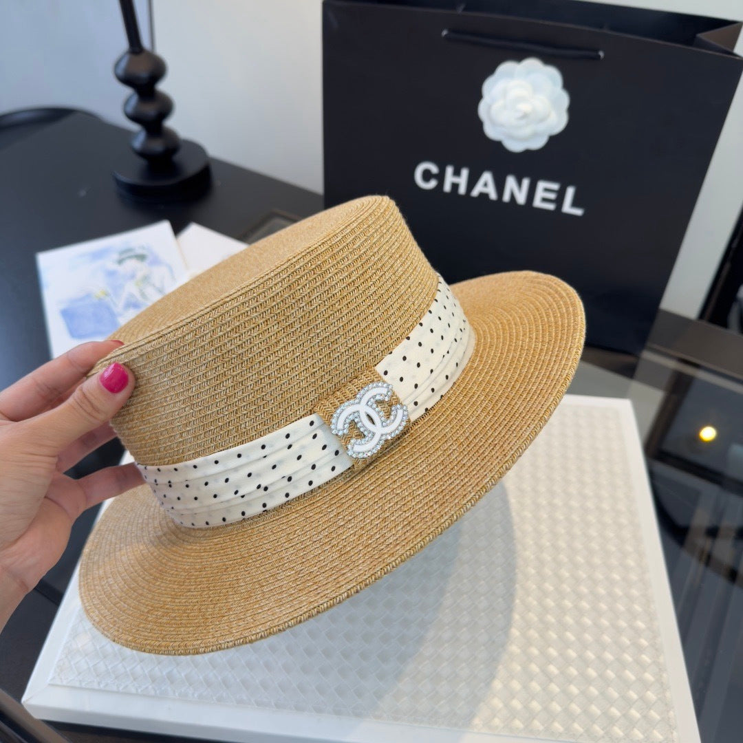 CHANEL 26S BOATER STRAW HAT WITH CRYSTAL-EMBELLISHED CC LOGO 338039