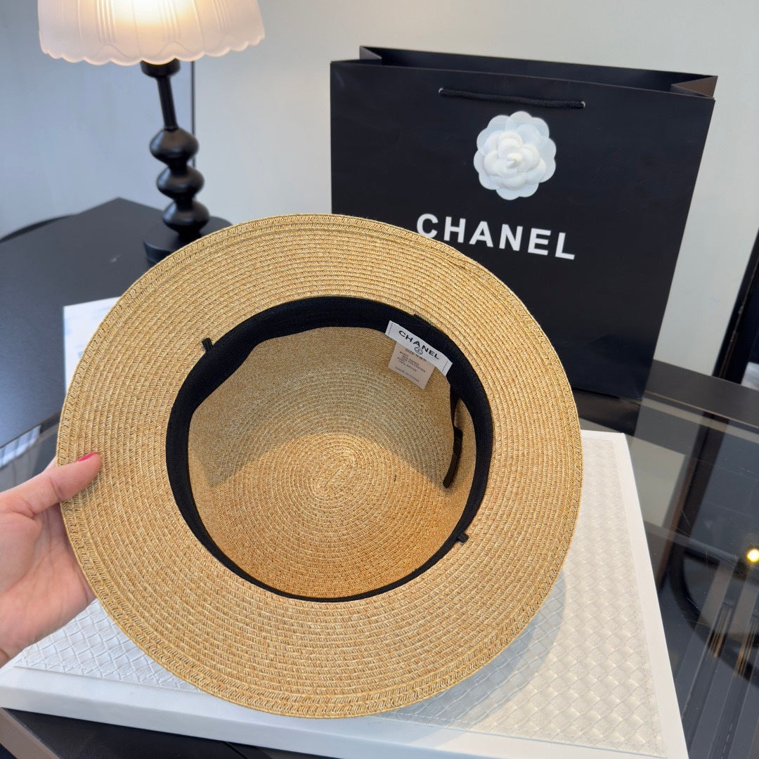 CHANEL 26S BOATER STRAW HAT WITH CRYSTAL-EMBELLISHED CC LOGO 338040
