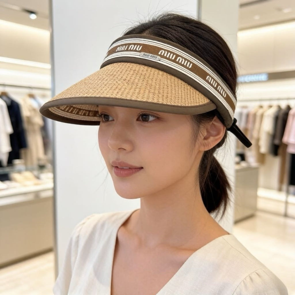 MIUMIU 26S LOGO-BAND STRAW VISOR 342365