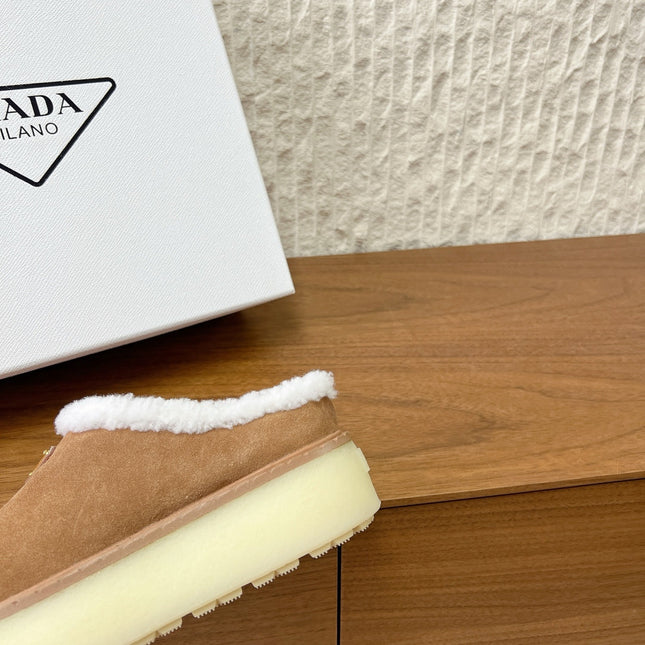 PRADA 25S PLATFORM FUR-LINED MULES IN BROWN SUEDE