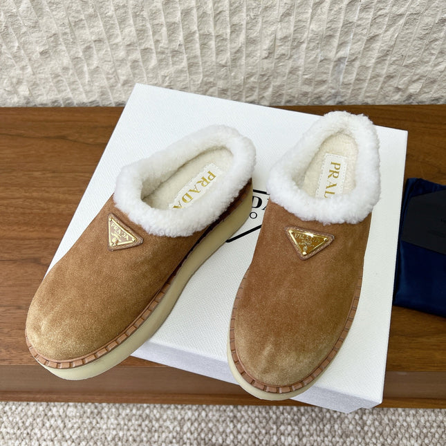 PRADA 25S PLATFORM FUR-LINED MULES IN BROWN SUEDE