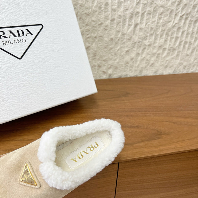 PRADA 25S PLATFORM FUR-LINED MULES IN WARM BEIGE SUEDE