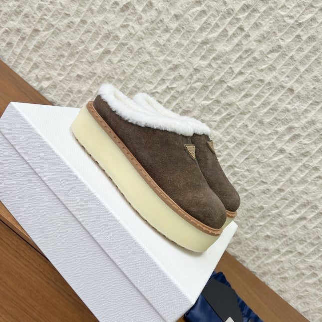 PRADA 25S PLATFORM FUR-LINED MULES IN EARTH BROWN SUEDE