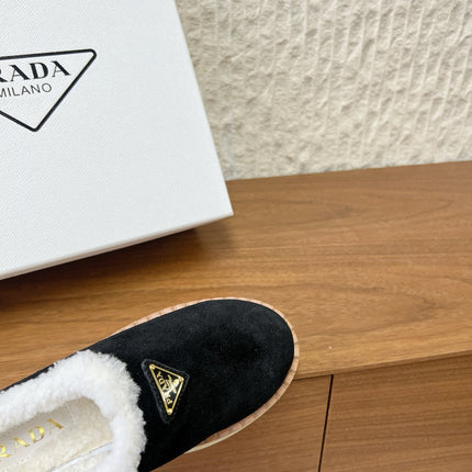 PRADA 25S PLATFORM FUR-LINED MULES IN BLACK SUEDE