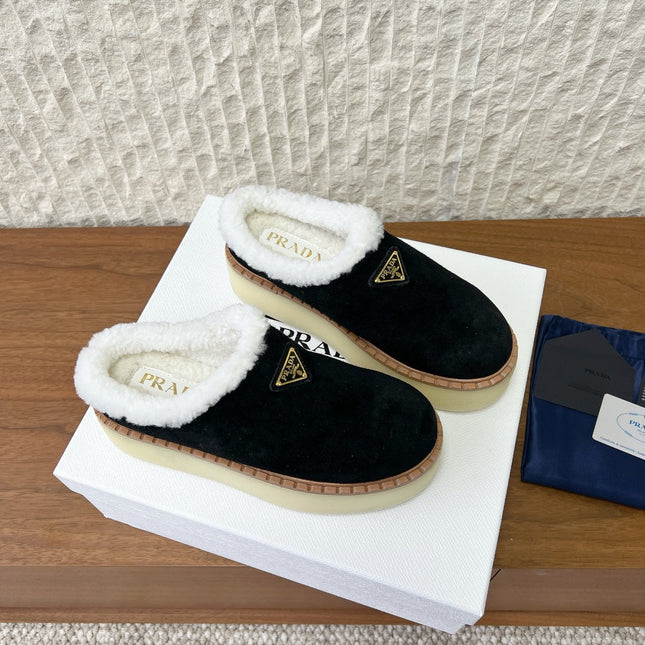 PRADA 25S PLATFORM FUR-LINED MULES IN BLACK SUEDE
