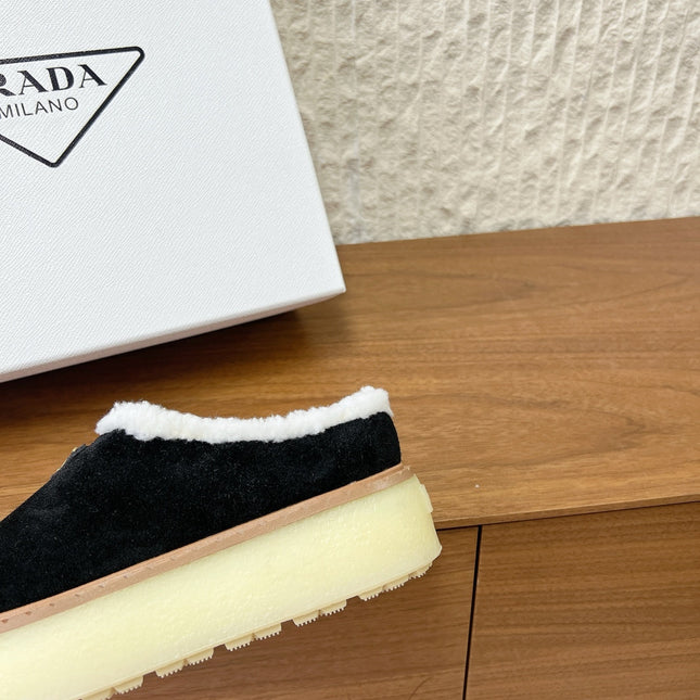 PRADA 25S PLATFORM FUR-LINED MULES IN BLACK SUEDE