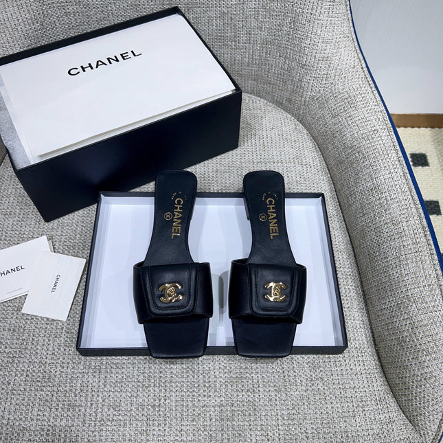 CHANEL 26S FLAT SLIDES IN BLACK LAMBSKIN
