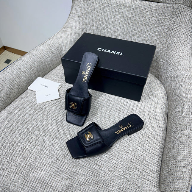 CHANEL 26S FLAT SLIDES IN BLACK LAMBSKIN