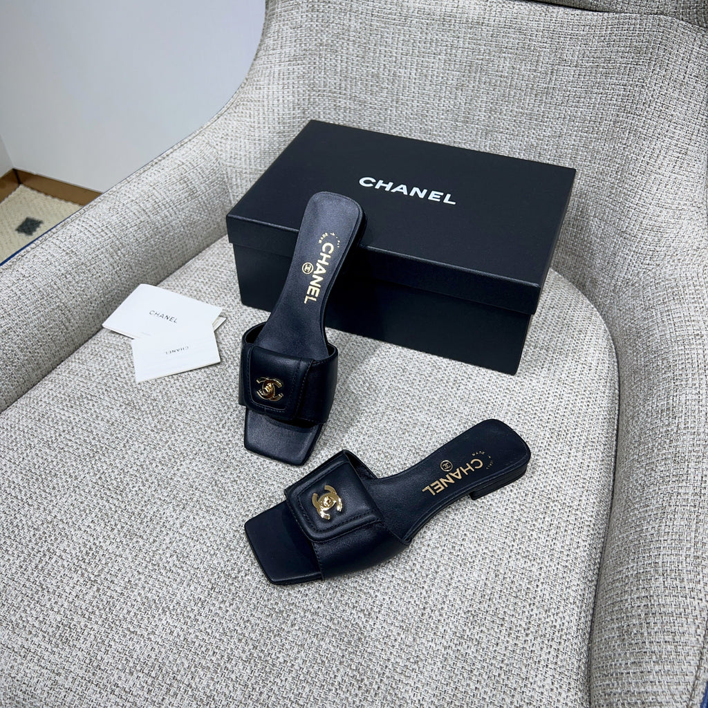 CHANEL 26S FLAT SLIDES IN BLACK LAMBSKIN