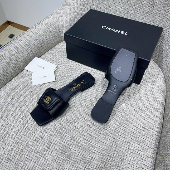 CHANEL 26S FLAT SLIDES IN BLACK LAMBSKIN
