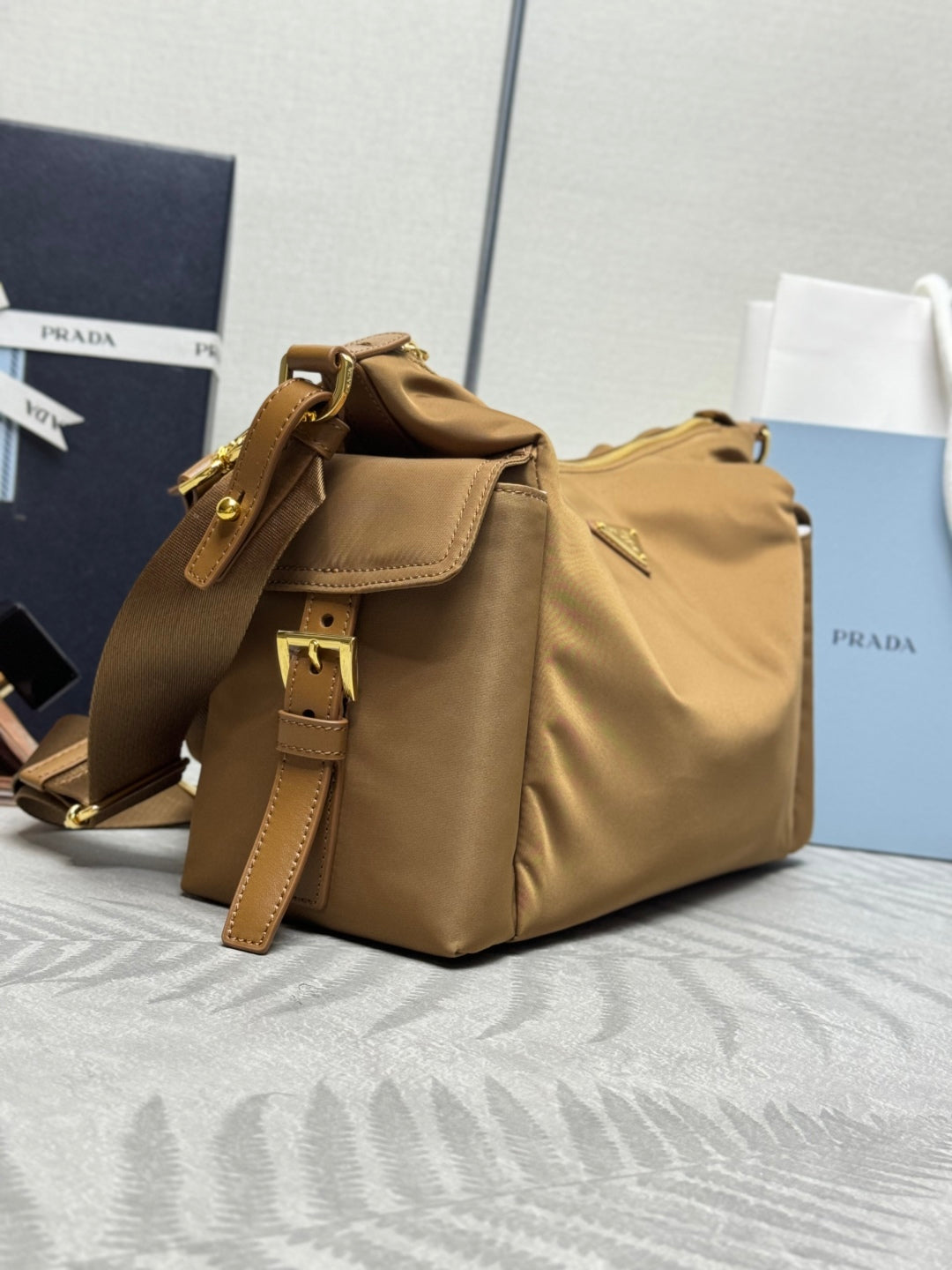 PRADA 25S EXPLORE LARGE RE-NYLON SHOULDER BAG 32 IN BRANDY WITH FLAP