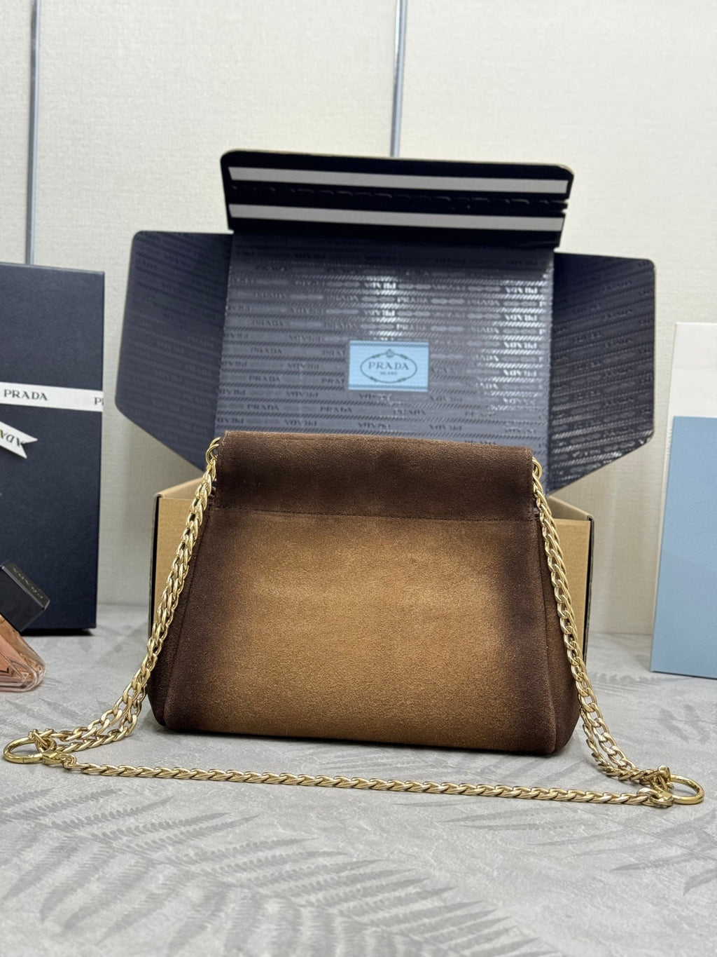 PRADA 25S ENCHAINE MINI BAG 22 IN CARAMEL BROWN SUEDE GOLD HARDWARE