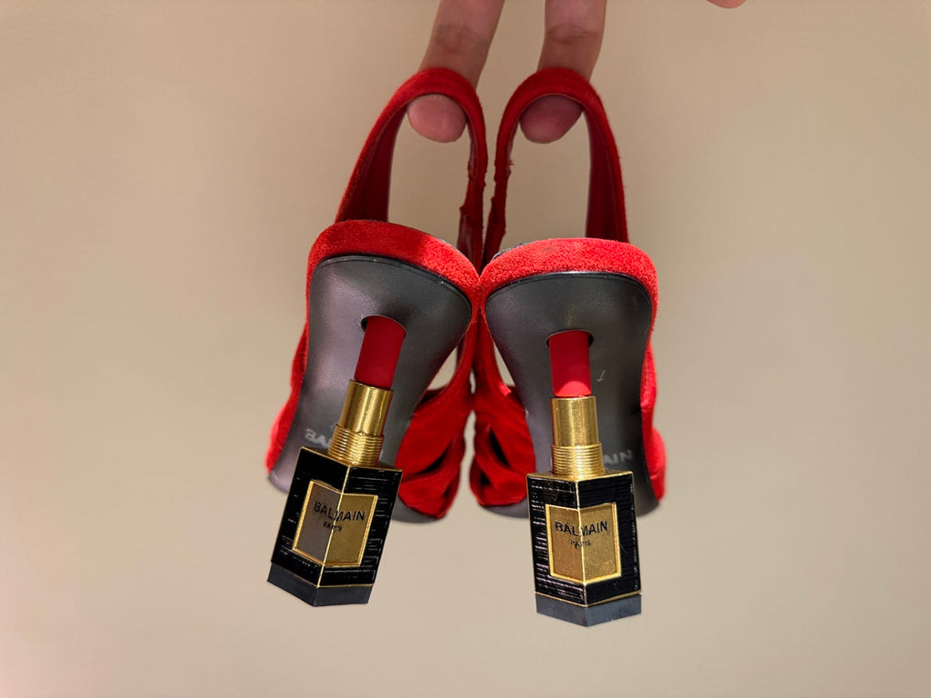 BALMAIN 26S SLINGBACK HEELS 100 MM IN RED SUEDE