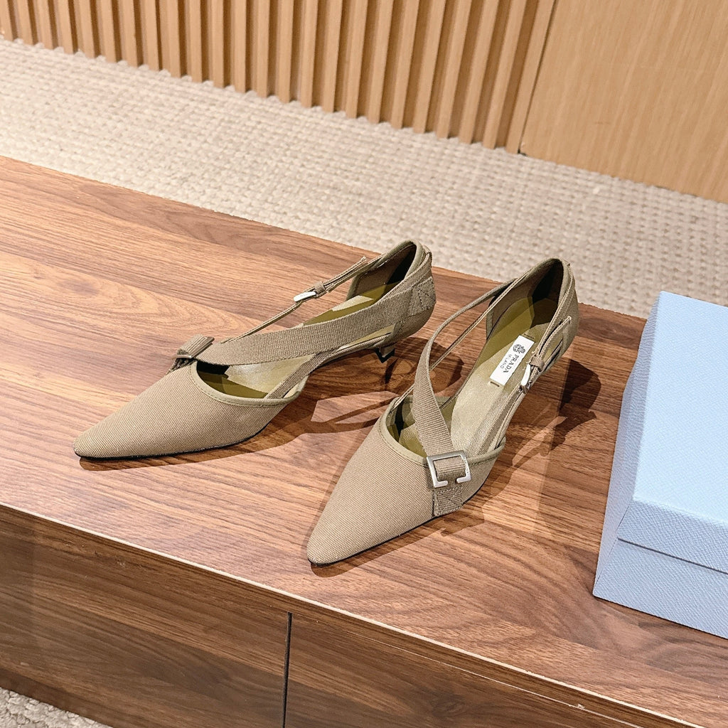 PRADA 26S SLINGBACK KITTEN HEELS 45MM IN LIGHT BROWN FABRIC STRAP BUCKLE