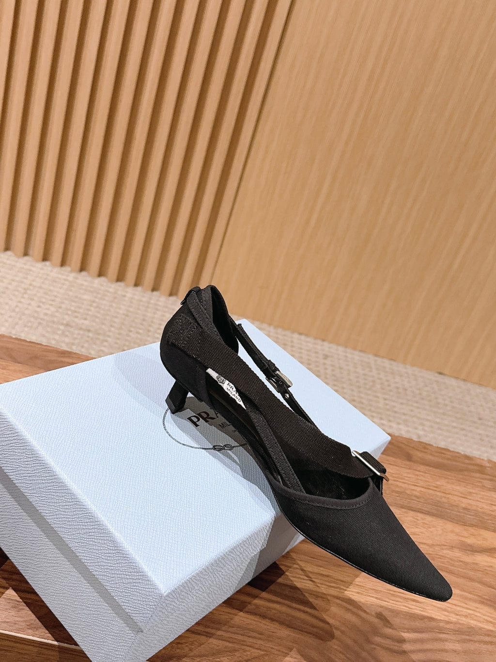 PRADA 26S SLINGBACK KITTEN HEELS 45MM IN BLACK FABRIC STRAP BUCKLE