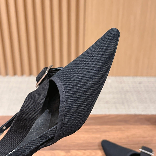 PRADA 26S SLINGBACK KITTEN HEELS 45MM IN BLACK FABRIC STRAP BUCKLE