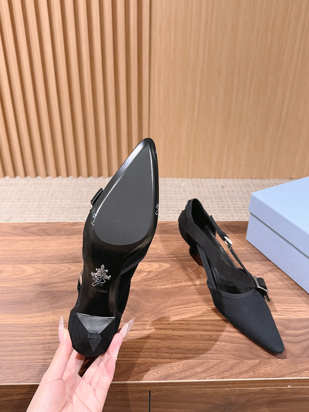 PRADA 26S SLINGBACK KITTEN HEELS 45MM IN BLACK FABRIC STRAP BUCKLE