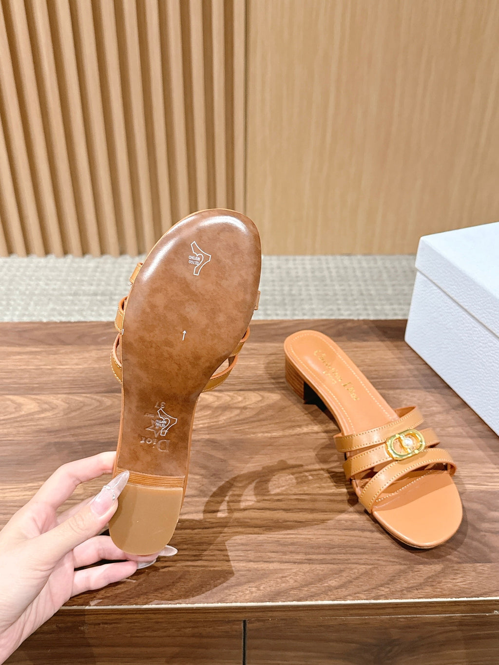 DIOR 26S MID HEEL SANDALS IN CARAMEL BROWN CALFSKIN MULTI STRAP GOLD HARDWARE