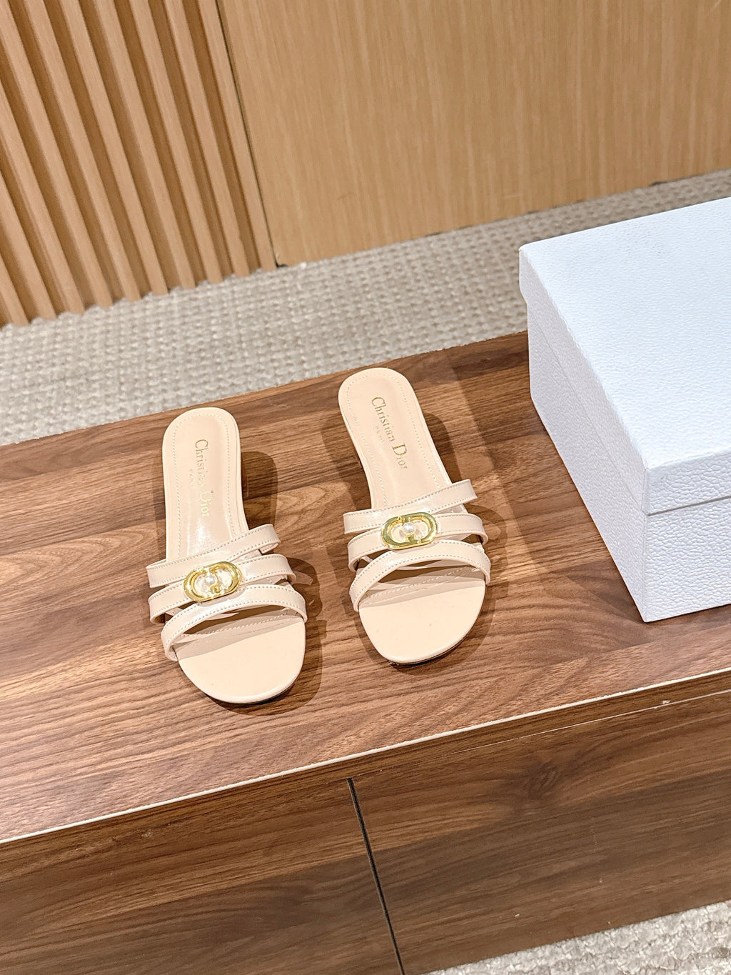DIOR 26S MID HEEL SANDALS IN BEIGE CALFSKIN MULTI STRAP GOLD HARDWARE