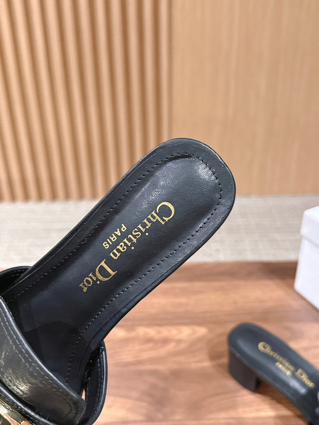 DIOR 26S LOW HEEL SLIDE SANDALS IN BLACK CALFSKIN GOLD PEARL BUCKLE
