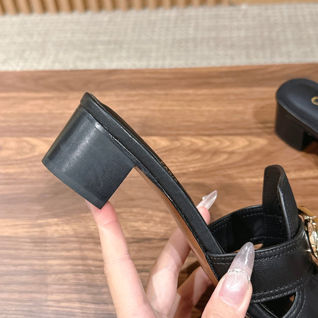 DIOR 26S LOW HEEL SLIDE SANDALS IN BLACK CALFSKIN GOLD PEARL BUCKLE