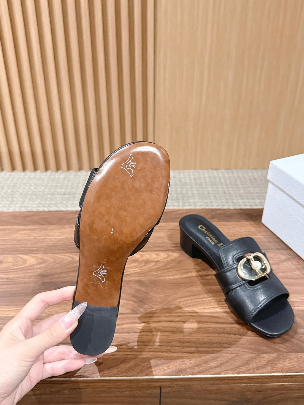 DIOR 26S LOW HEEL SLIDE SANDALS IN BLACK CALFSKIN GOLD PEARL BUCKLE