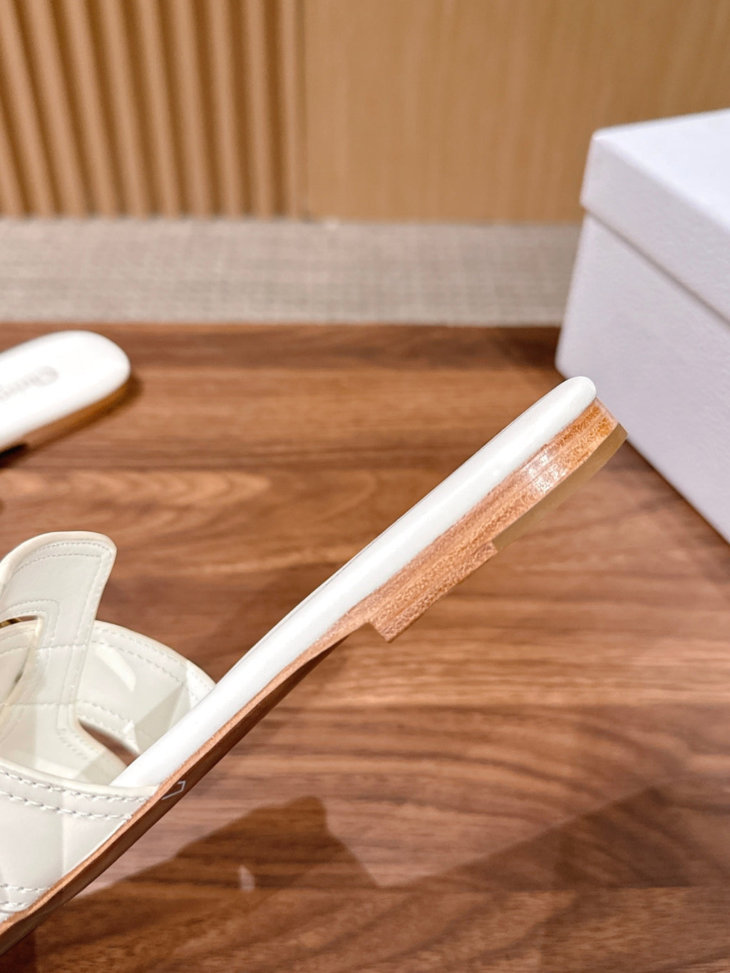 DIOR 26S WIDE STRAP SLIDE SANDALS IN WHITE CALFSKIN PEARL GOLD BUCKLE