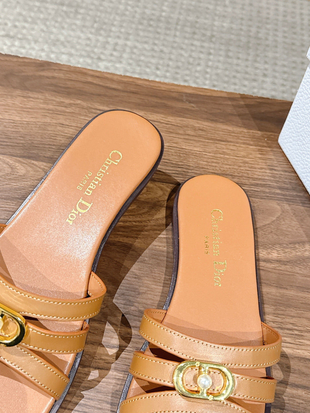DIOR 26S MULTI STRAP SLIDE SANDALS IN CARAMEL BROWN CALFSKIN GOLD BUCKLE